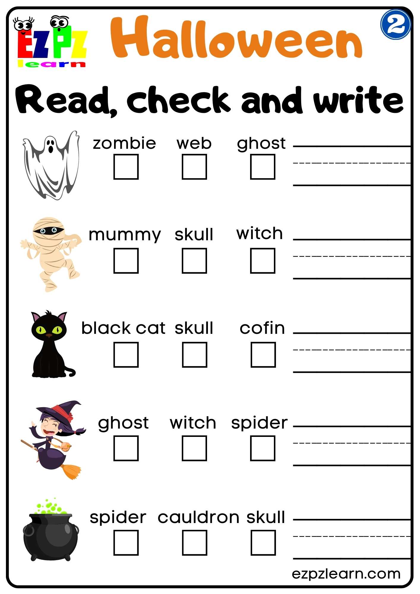 Group 2 Halloween Vocabulary Read Check and Write Worksheet for Kids PDF Download